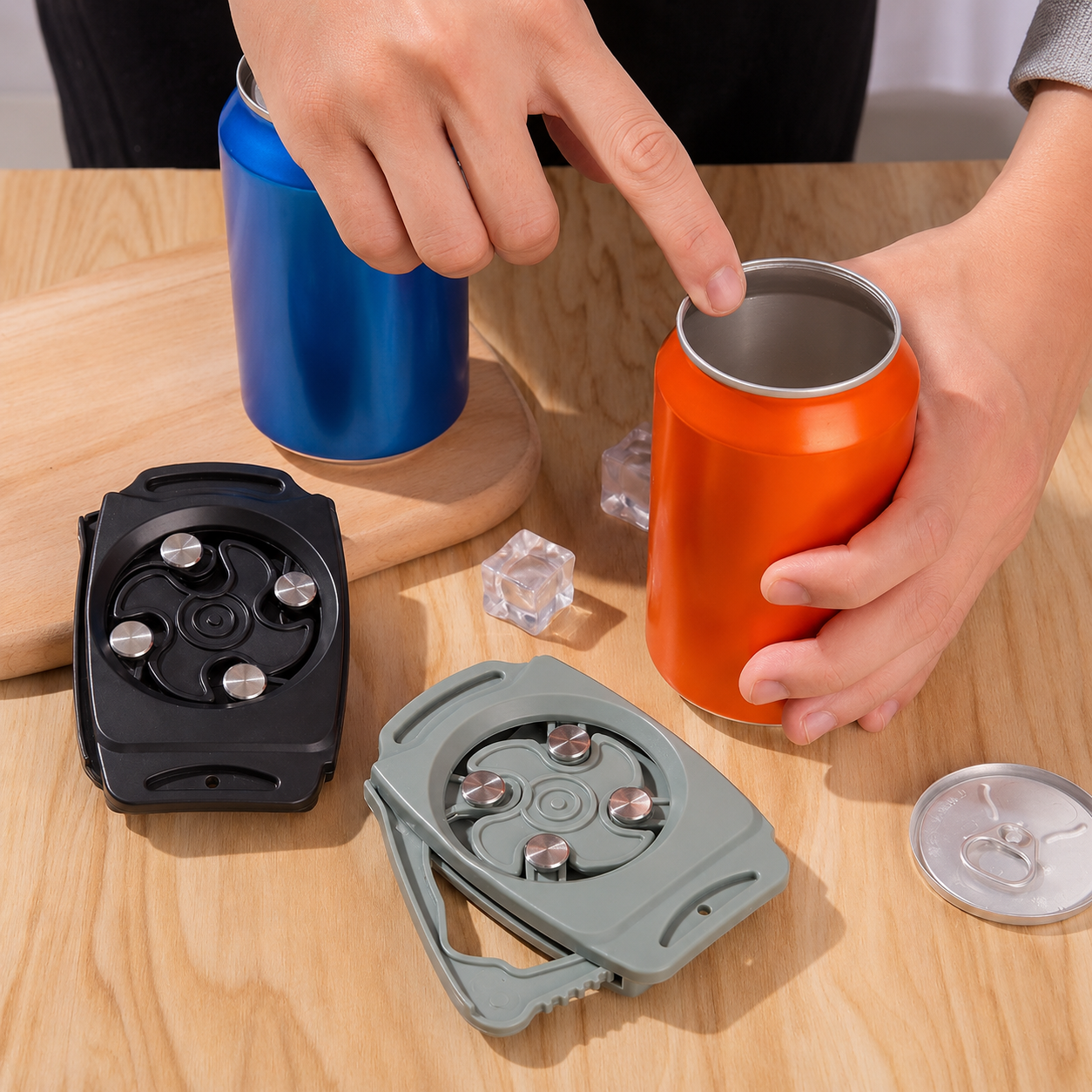 Person using a can opener on an orange can with two additional can openers on a wooden surface.