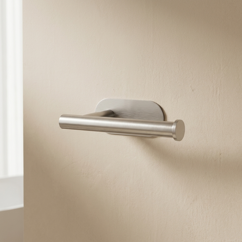 Metal door handle on a beige wall