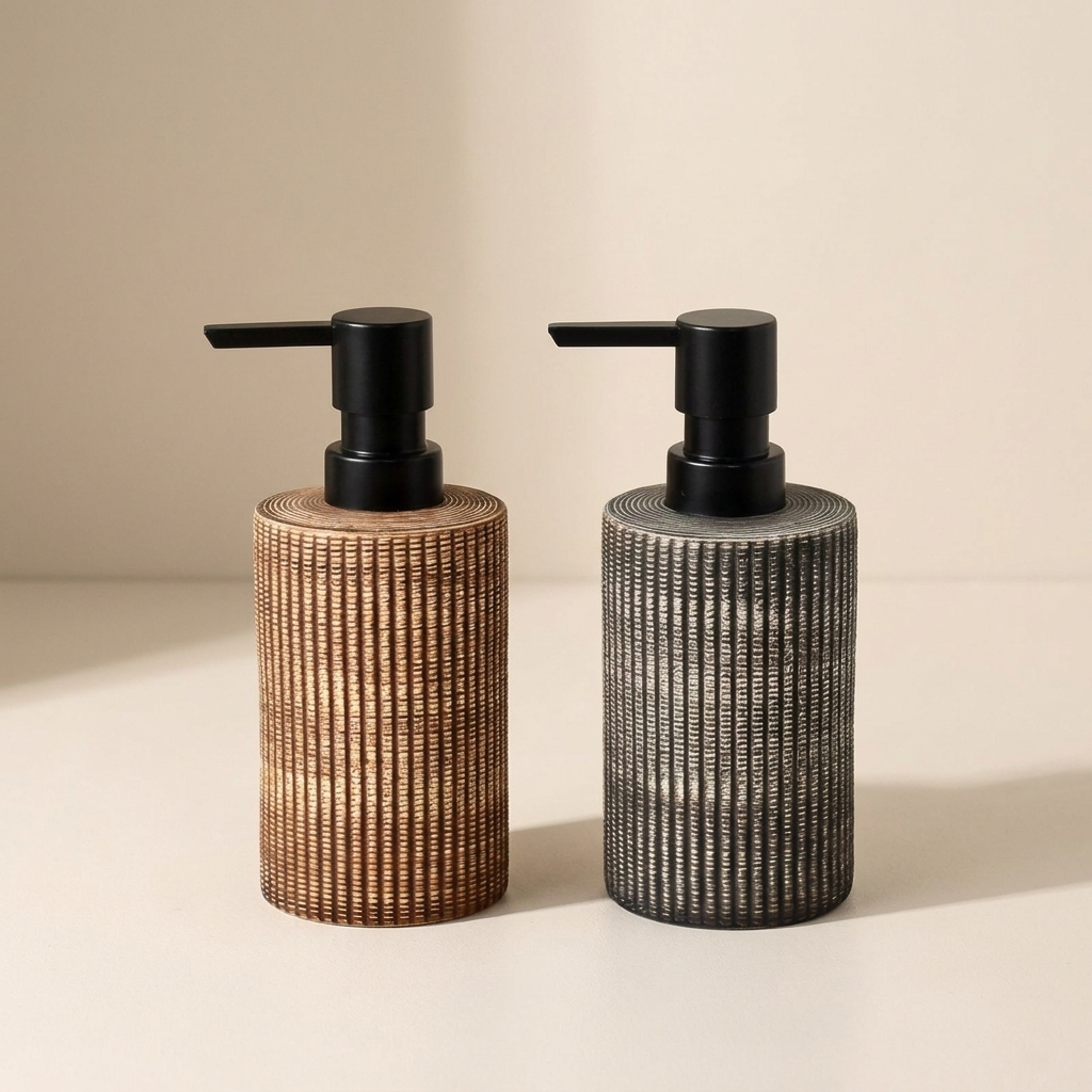 Two soap dispensers with woven designs and black pumps on a beige background